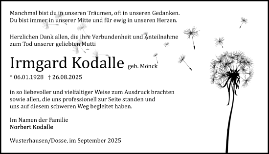 Traueranzeige von Irmgard Kodalle von Wochenspiegel