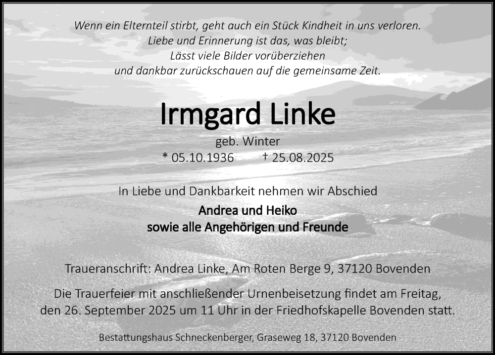  Traueranzeige für Irmgard Linke vom 20.09.2025 aus Göttinger Tageblatt