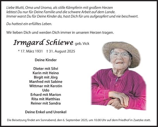 Traueranzeige von Irmgard Schiewe von Wochenspiegel