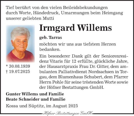 Traueranzeige von Irmgard Willems von Torgauer Zeitung