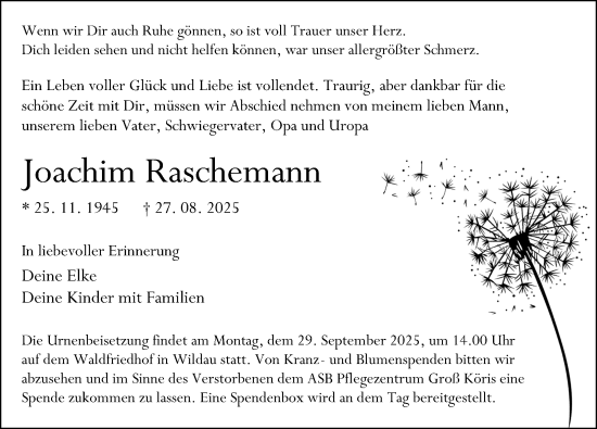 Traueranzeige von Joachim Raschemann von Märkischen Allgemeine Zeitung