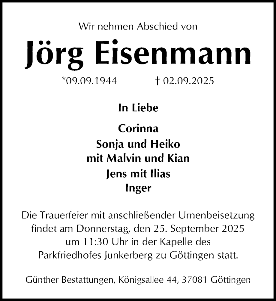  Traueranzeige für Jörg Eisenmann vom 13.09.2025 aus Göttinger Tageblatt