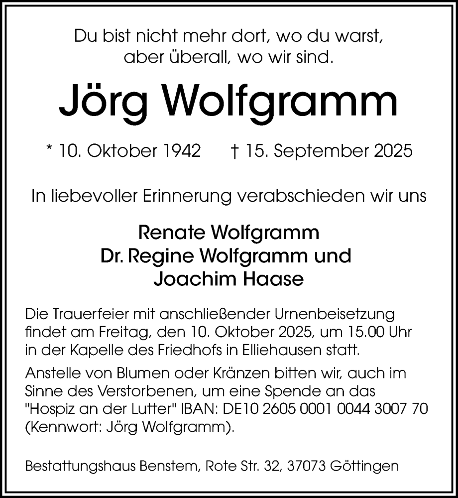  Traueranzeige für Jörg Wolfgramm vom 27.09.2025 aus Göttinger Tageblatt