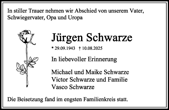 Traueranzeige von Jürgen Schwarze von Sächsische Zeitung