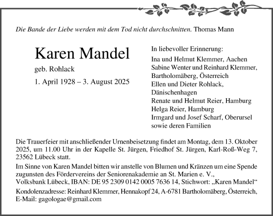 Traueranzeige von Karen Mandel von Lübecker Nachrichten