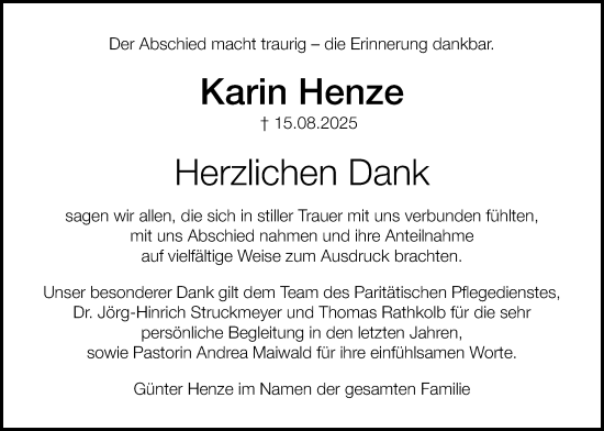 Traueranzeige von Karin Henze von Täglicher Anzeiger Holzminden