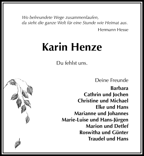 Traueranzeige von Karin Henze von Täglicher Anzeiger Holzminden