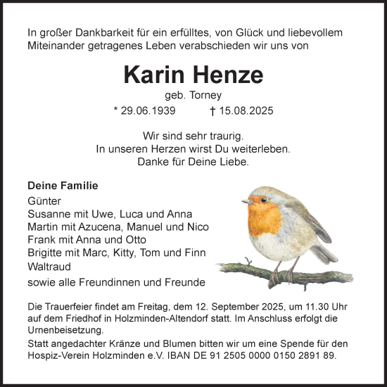 Traueranzeige von Karin Henze von Täglicher Anzeiger Holzminden