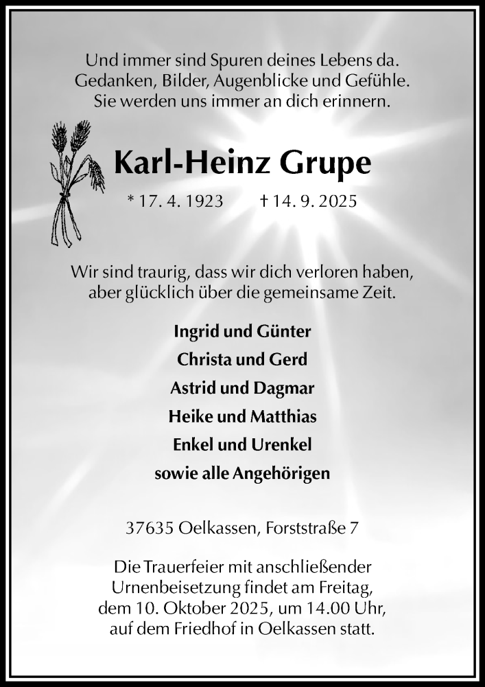  Traueranzeige für Karl-Heinz Grupe vom 27.09.2025 aus Täglicher Anzeiger Holzminden