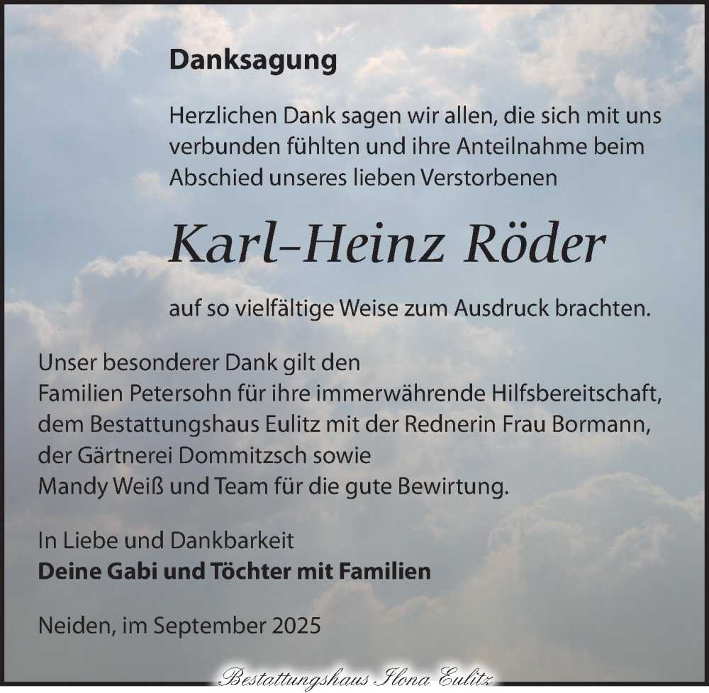  Traueranzeige für Karl-Heinz Röder vom 14.09.2025 aus Torgauer Zeitung