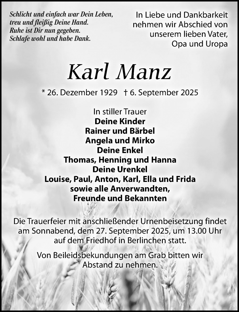  Traueranzeige für Karl Manz vom 13.09.2025 aus Wochenspiegel