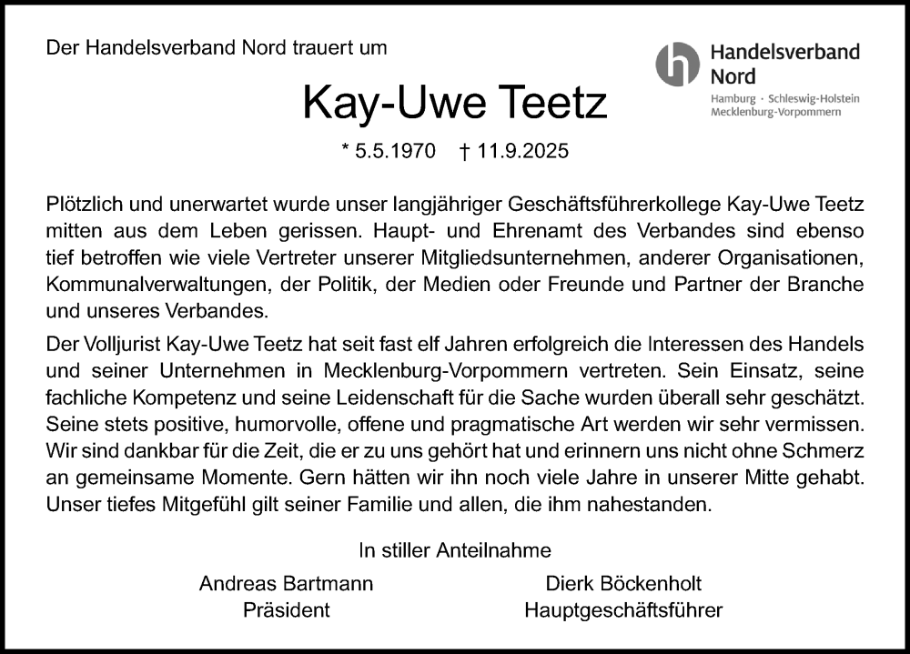  Traueranzeige für Kay-Uwe Teetz vom 27.09.2025 aus Ostsee-Zeitung GmbH