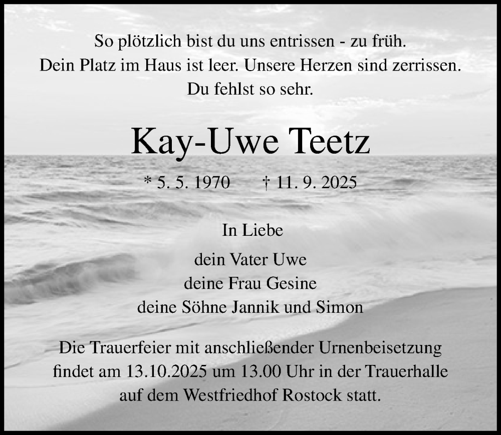  Traueranzeige für Kay-Uwe Teetz vom 20.09.2025 aus Ostsee-Zeitung GmbH