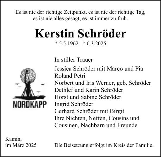Traueranzeige von Kerstin Schröder von Ostsee-Zeitung GmbH