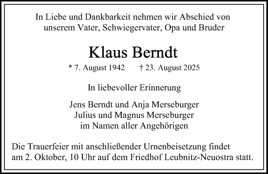 Traueranzeige von Klaus Berndt von Sächsische Zeitung