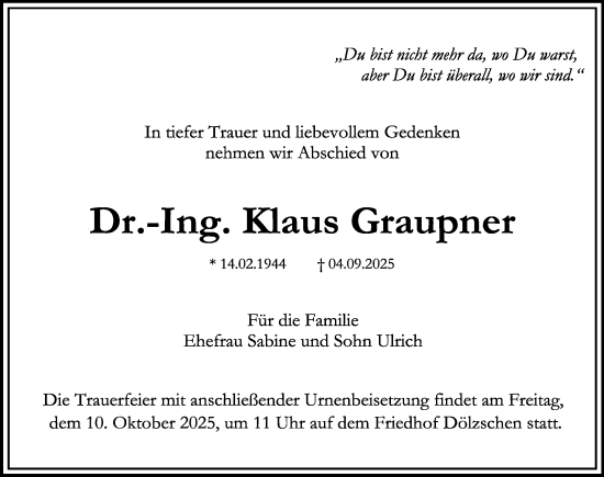 Traueranzeige von Klaus Graupner von Sächsische Zeitung