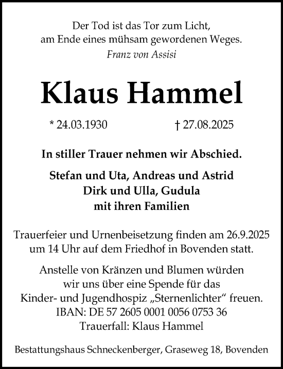 Traueranzeige von Klaus Hammel von Göttinger Tageblatt