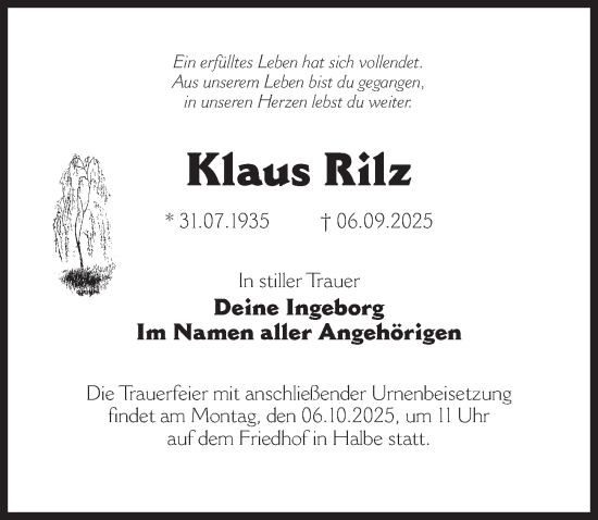 Traueranzeige von Klaus Rilz von Märkischen Allgemeine Zeitung