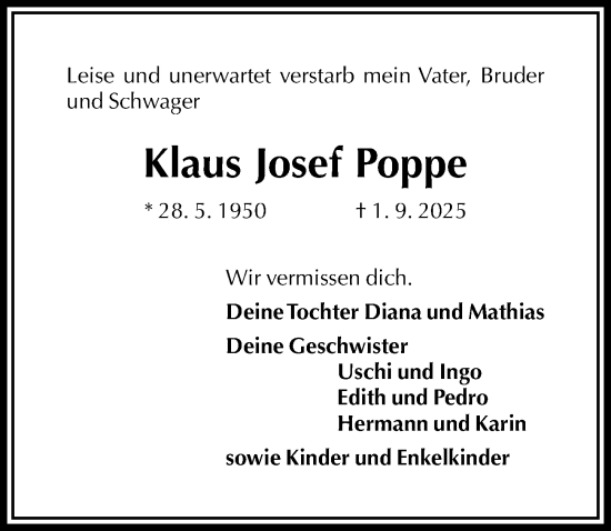 Traueranzeige von Klaus Josef Poppe von Täglicher Anzeiger Holzminden