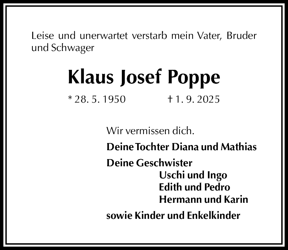  Traueranzeige für Klaus Josef Poppe vom 17.09.2025 aus Täglicher Anzeiger Holzminden