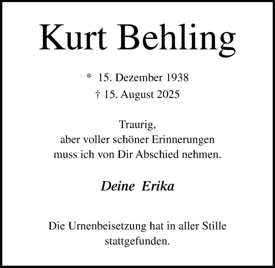 Traueranzeige von Kurt Behling von Lübecker Nachrichten