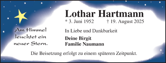 Traueranzeige von Lothar Hartmann von Lübecker Nachrichten