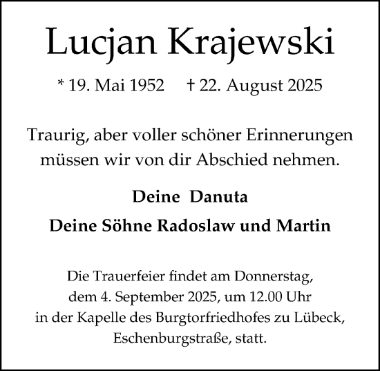 Traueranzeige von Lucjan Krajewski von Lübecker Nachrichten