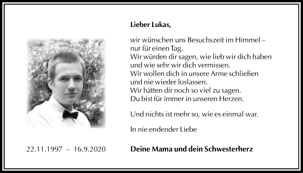  Traueranzeige für Lukas  vom 20.09.2025 aus Täglicher Anzeiger Holzminden