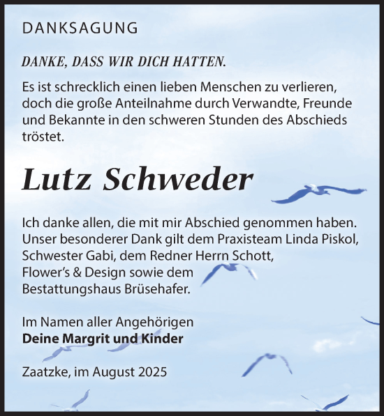 Traueranzeige von Lutz Schweder von Wochenspiegel