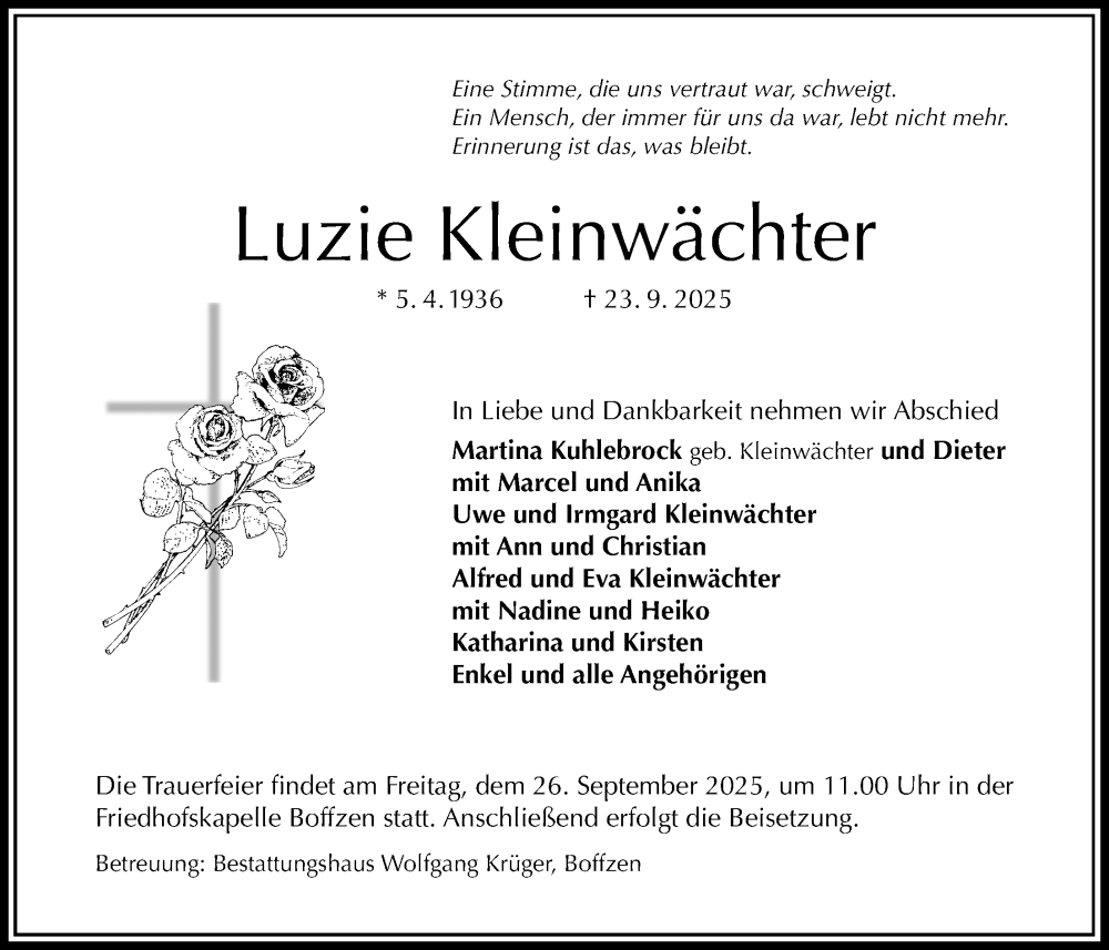  Traueranzeige für Luzie Kleinwächter vom 25.09.2025 aus Täglicher Anzeiger Holzminden