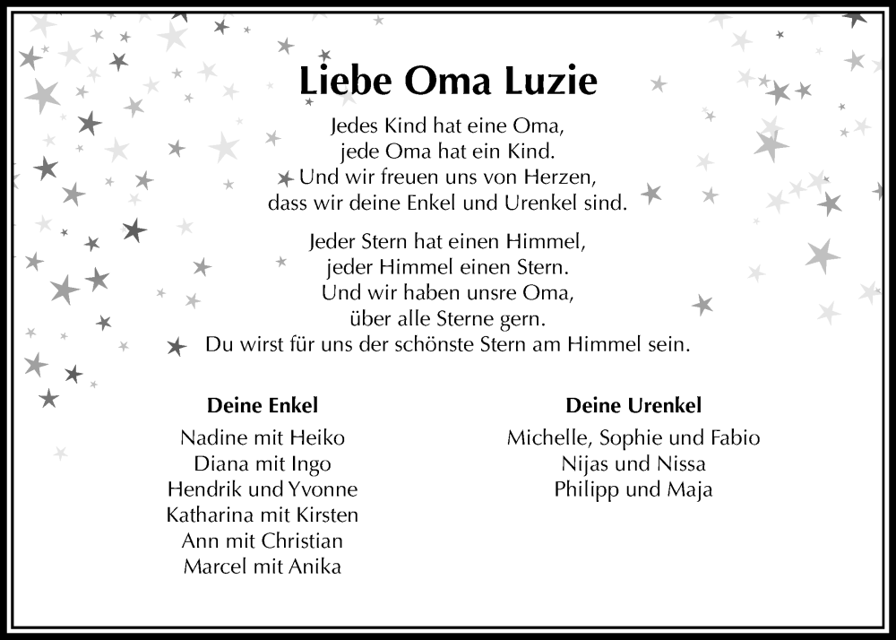  Traueranzeige für Luzie Kleinwächter vom 25.09.2025 aus Täglicher Anzeiger Holzminden