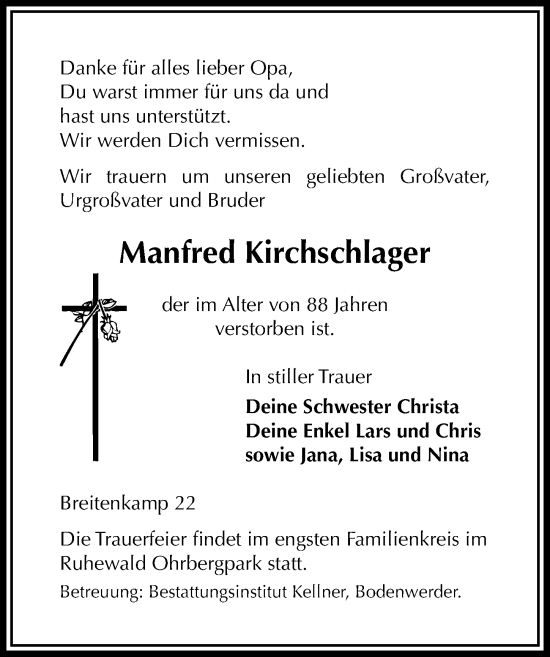 Traueranzeige von Manfred Kirchschlager von Täglicher Anzeiger Holzminden