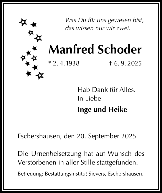 Traueranzeige von Manfred Schoder von Täglicher Anzeiger Holzminden