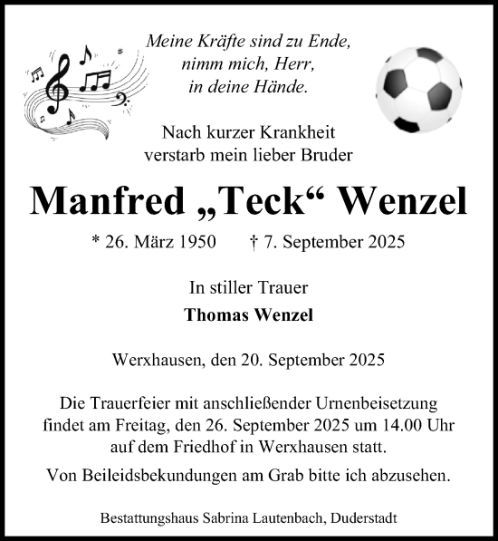 Traueranzeige von Manfred Wenzel von Eichsfelder Tageblatt