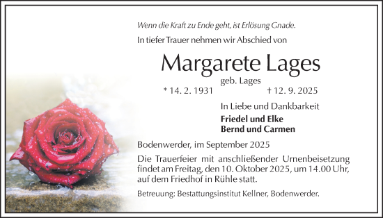Traueranzeige von Margarete Lages von Täglicher Anzeiger Holzminden