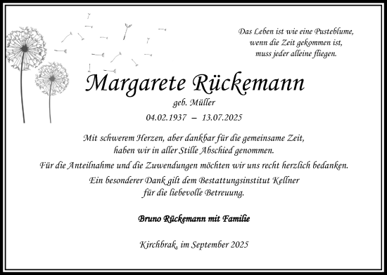 Traueranzeige von Margarete Rückemann von Täglicher Anzeiger Holzminden