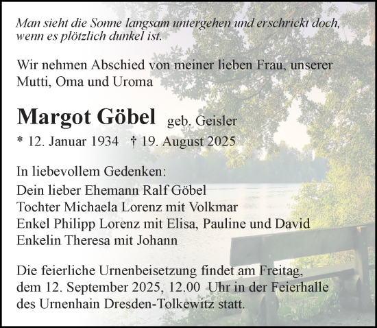 Traueranzeige von Margot Göbel von Sächsische Zeitung