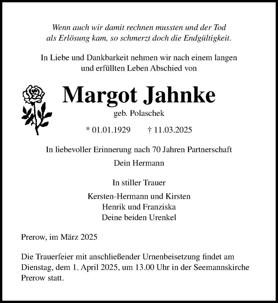  Traueranzeige für Margot Jahnke vom 22.03.2025 aus Ostsee-Zeitung GmbH