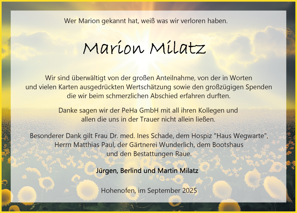  Traueranzeige für Marion Milatz vom 27.09.2025 aus Wochenspiegel