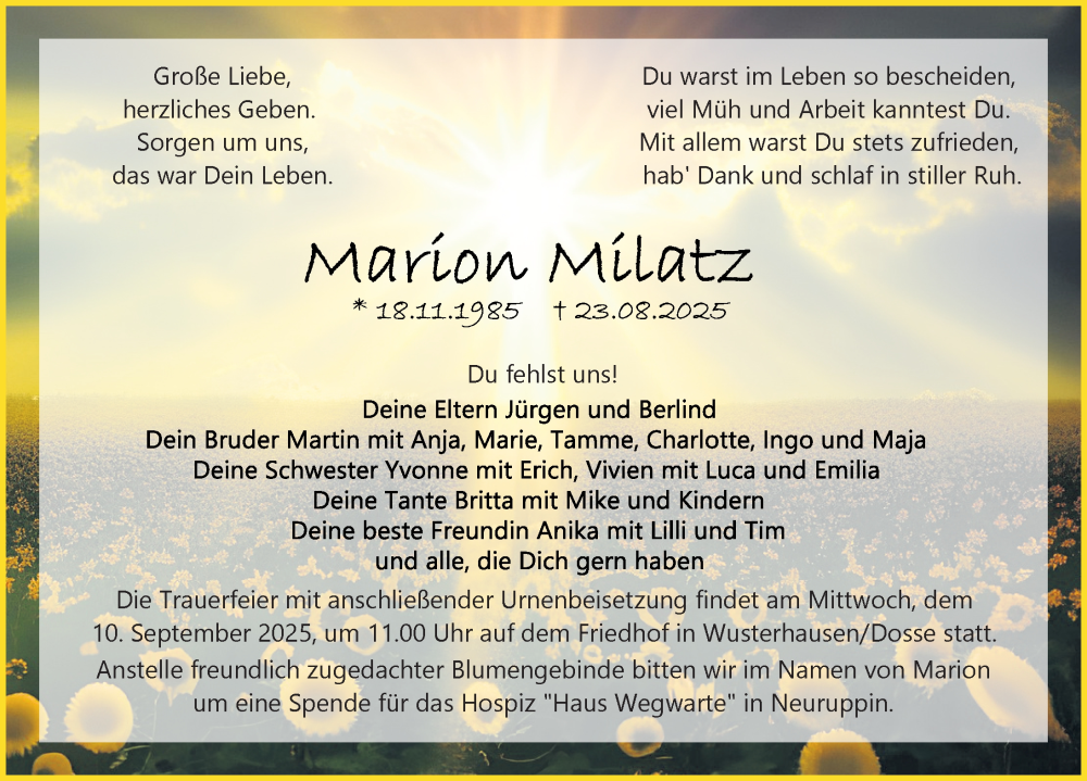  Traueranzeige für Marion Milatz vom 06.09.2025 aus Wochenspiegel
