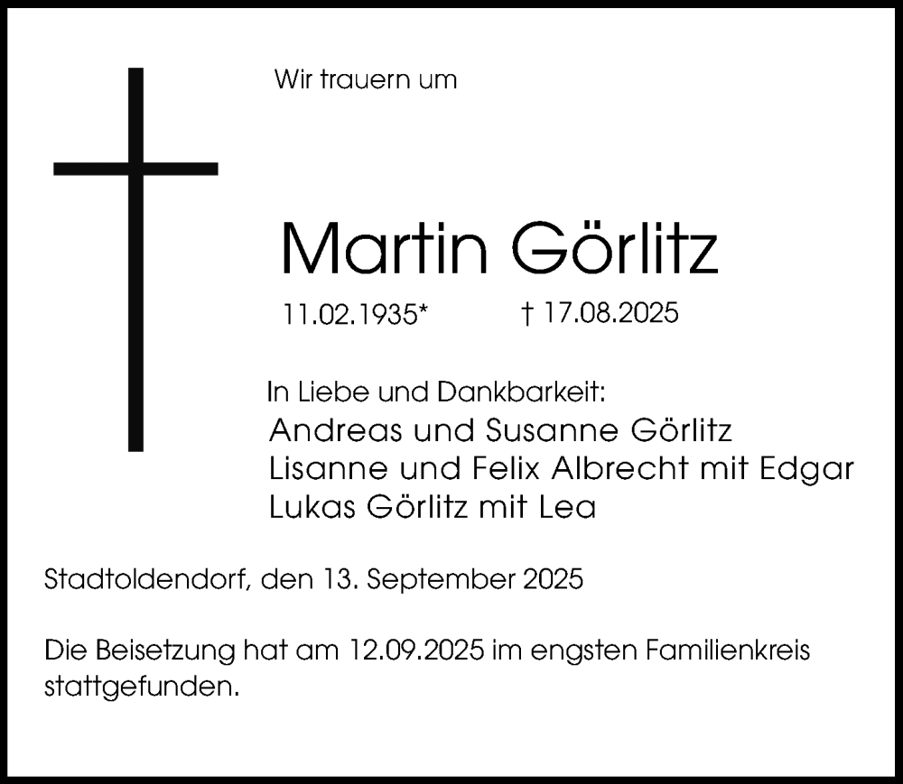  Traueranzeige für Martin Görlitz vom 13.09.2025 aus Täglicher Anzeiger Holzminden