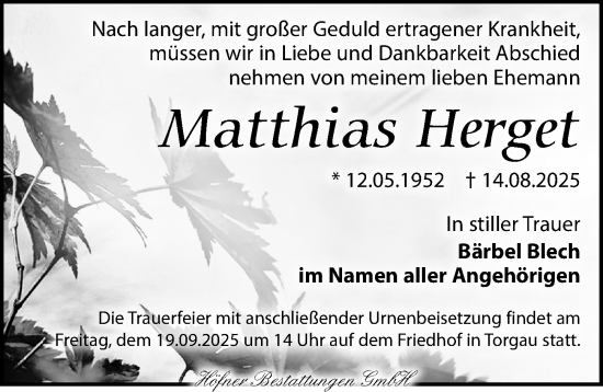 Traueranzeige von Matthias Herget von Torgauer Zeitung