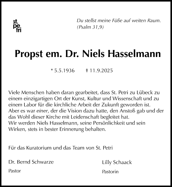 Traueranzeige von Niels Hasselmann von Lübecker Nachrichten