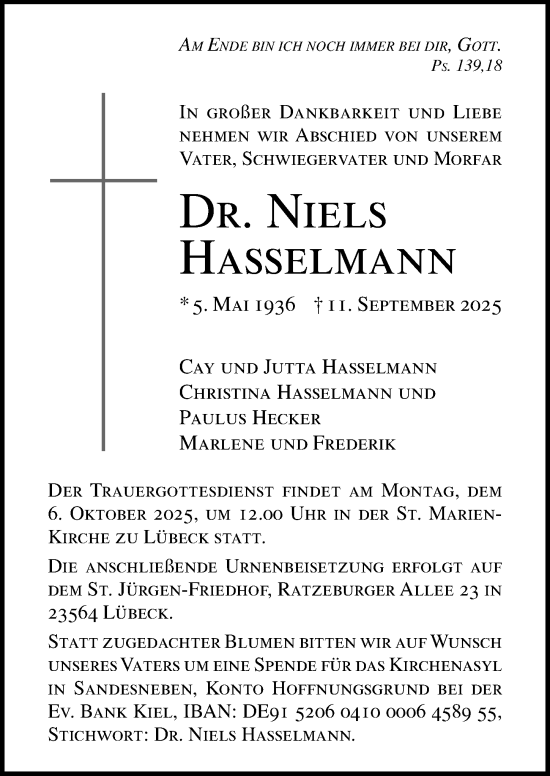 Traueranzeige von Niels Hasselmann von Lübecker Nachrichten