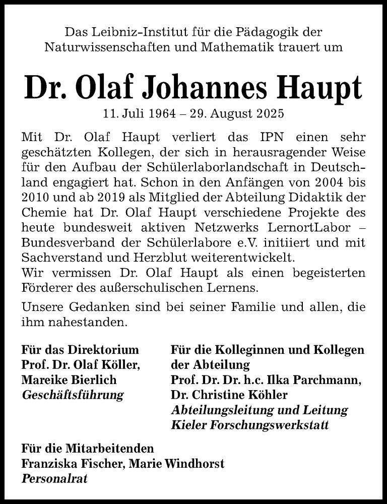  Traueranzeige für Olaf Johannes Haupt vom 06.09.2025 aus Kieler Nachrichten