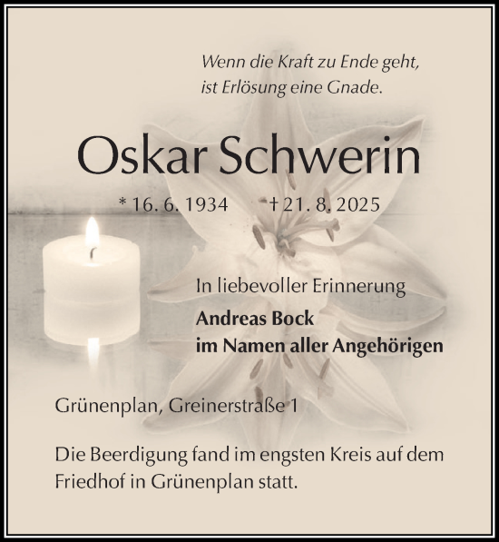 Traueranzeige von Oskar Schwerin von Täglicher Anzeiger Holzminden