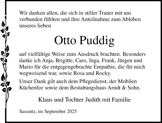 Traueranzeige von Otto Puddig von Ostsee-Zeitung GmbH