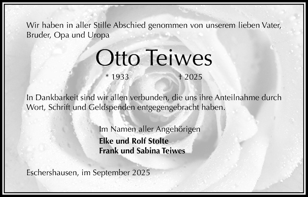  Traueranzeige für Otto Teiwes vom 13.09.2025 aus Täglicher Anzeiger Holzminden