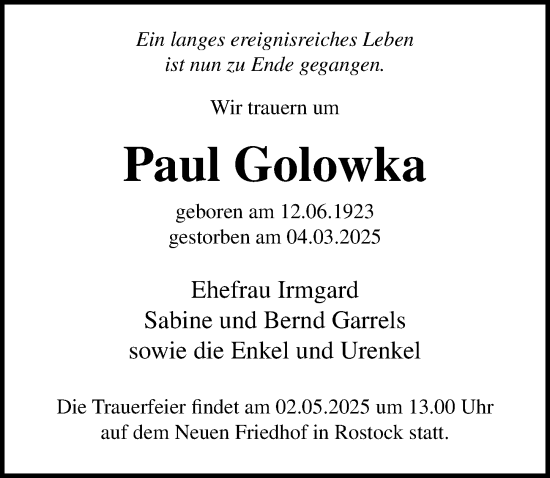 Traueranzeige von Paul Golowka von Ostsee-Zeitung GmbH
