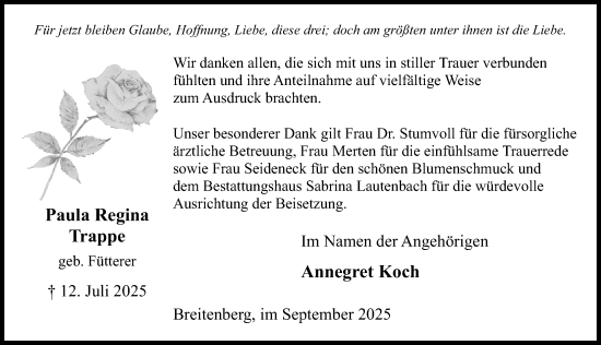 Traueranzeige von Paula Regina Trappe von Eichsfelder Tageblatt